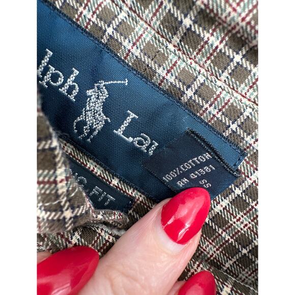 Vintage Ralph Lauren Shirt Mens XL Olive Green Plaid Button Down Pony Cotton - Picture 4 of 9